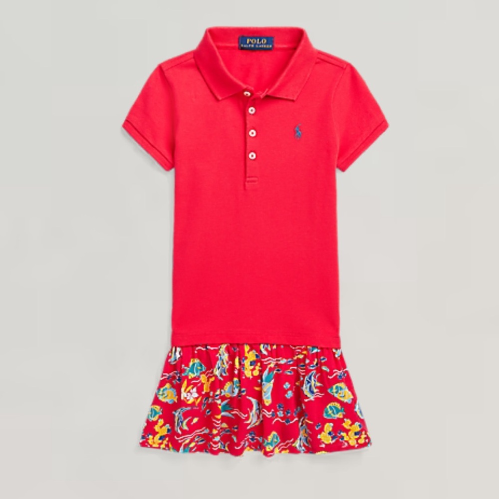 Tropical-Print Stretch Mesh Polo Dress